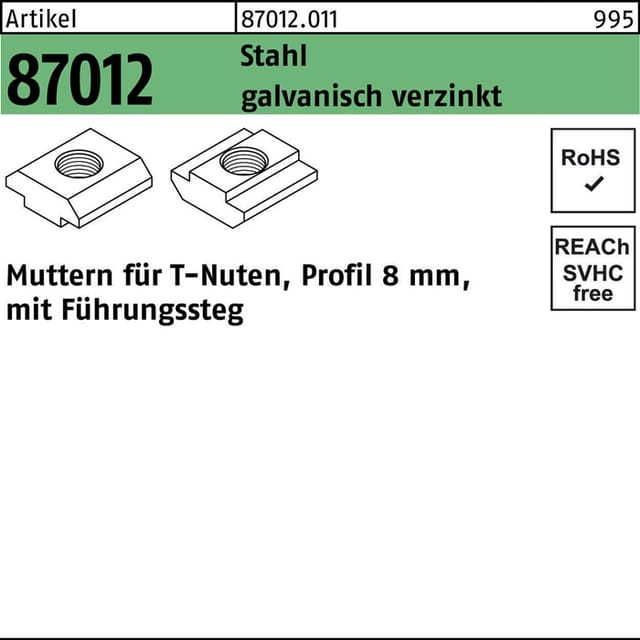 T-nutenmutter R 87012 M.führungssteg 8mm M 8 Stahl Galvanisch Verzinkt