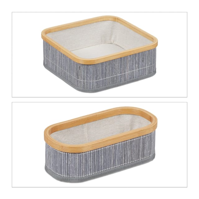 Aufbewahrungskorb 3er Set, Badkörbe In 2 Größen, Bambus & Polyester, Stapelbar, Für Alle Räume, Grau/ Creme - Relaxdays
