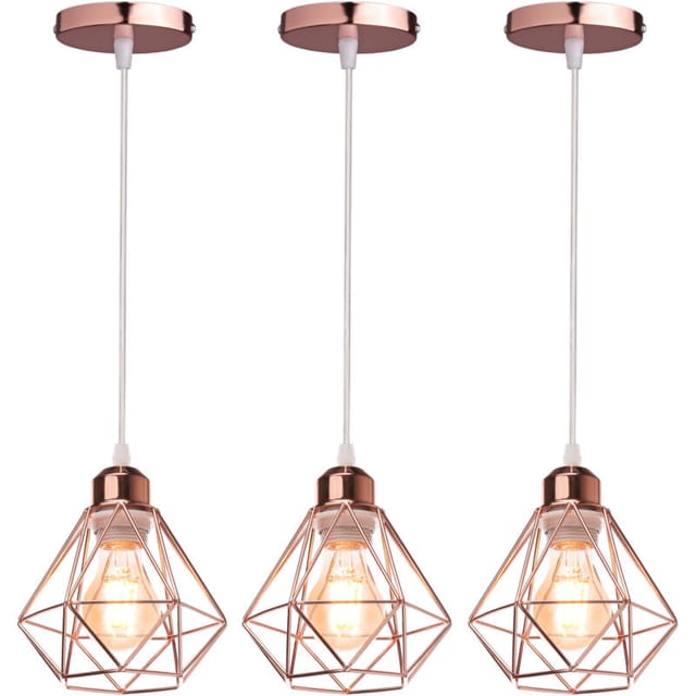 3pcs Industrielle Pendelleuchten, Roségold Hängelampe Aus Metall E27 Vintage Hängeleuchte Im Diamant Käfig Für Küche Wohnzimmer Esszimmer Cafét
