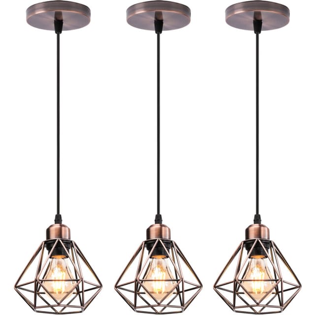 Industrielle Pendelleuchten, 3x Kupferrot Hängelampe Aus Metall E27 Vintage Hängeleuchte Im Diamant Käfig Für Küche Wohnzimmer Esszimmer Cafét