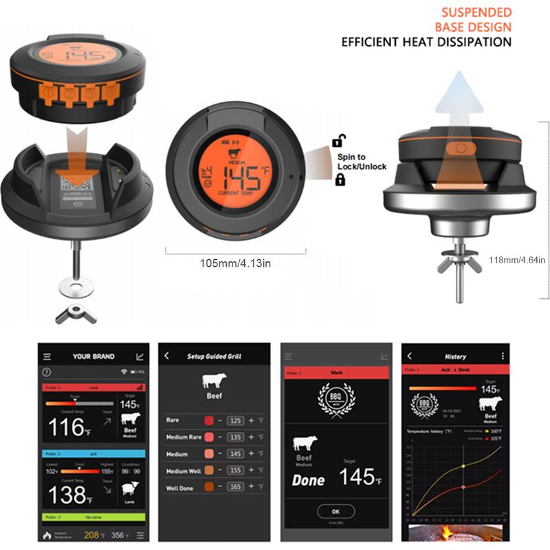 Thermomètre À Viande Sans Fil Avec 2 Sondes, Portée De 50 M, Contrôle Via Application Bt4.2, Étanche Ip64, Idéal Pour Fumoir, Four, Barbecue, Dinde, Poisson Et Bœuf.