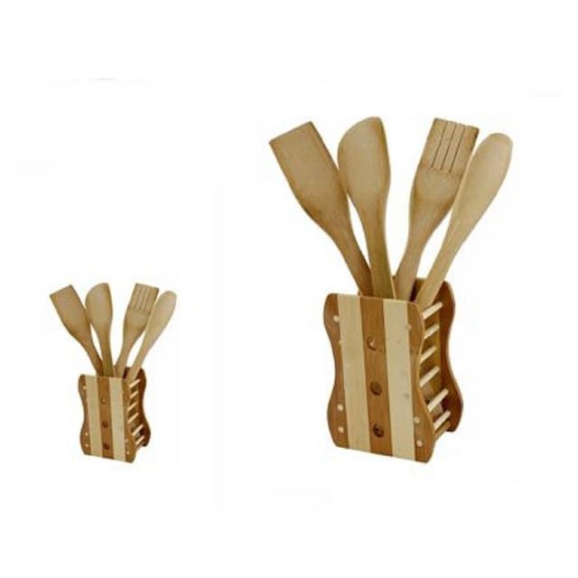 Trade Shop Traesio - Trade Shop - Kit 5 Pz Cucina Mestolo Mestoli In Legno Bambien Mit 4 Mestoli Posate 67375 -