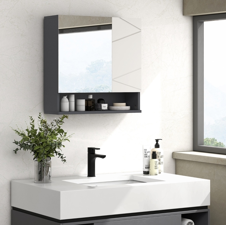 Wand-badezimmerschrank Mit Spiegel, Verstellbaren Regalböden, 55 X 17 X 55 Cm, Grau Havrya