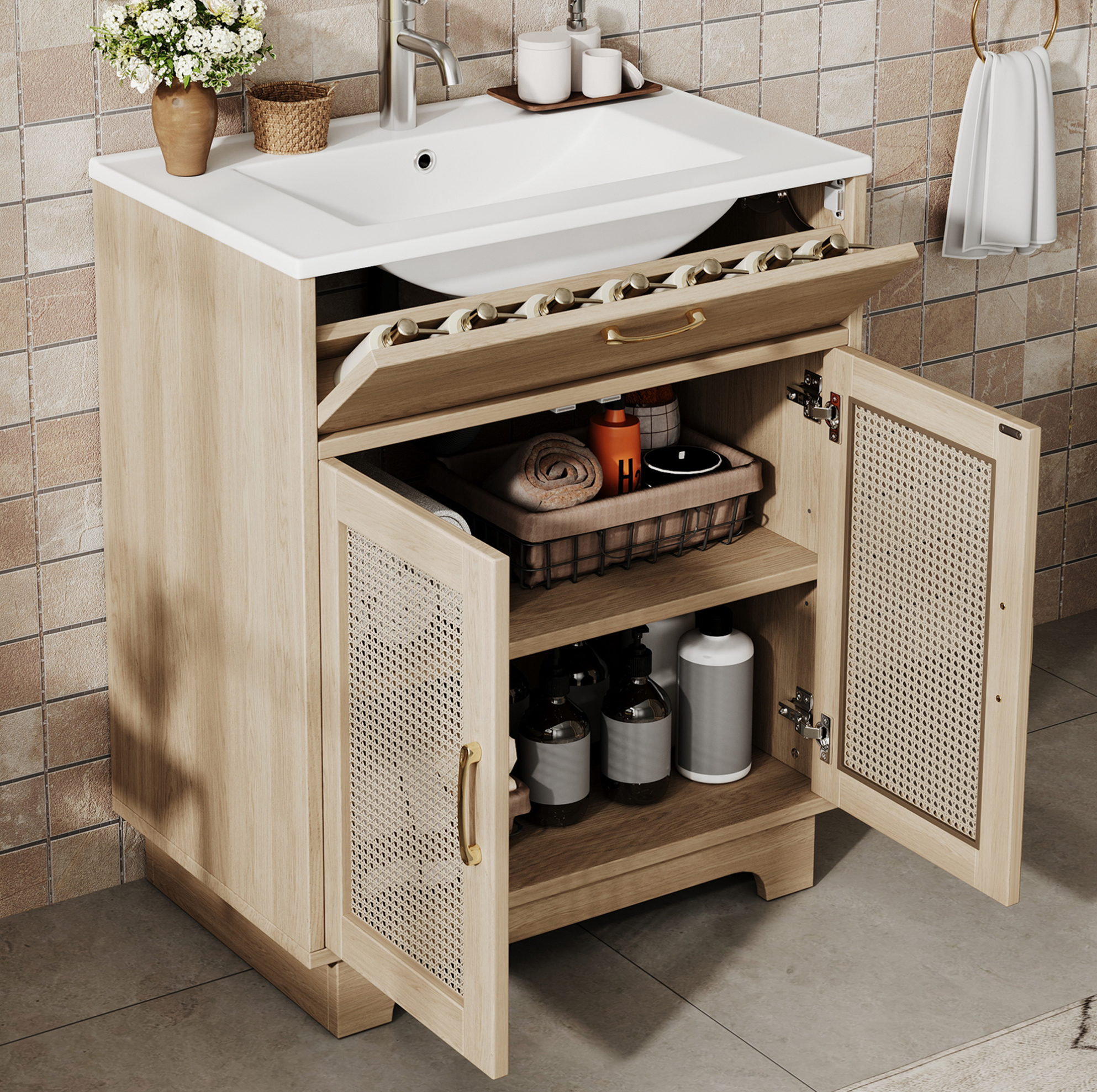 Freistehender Badschrank Mit Keramikwaschbecken 76 X 46 X 88 Cm, Natur Havrya