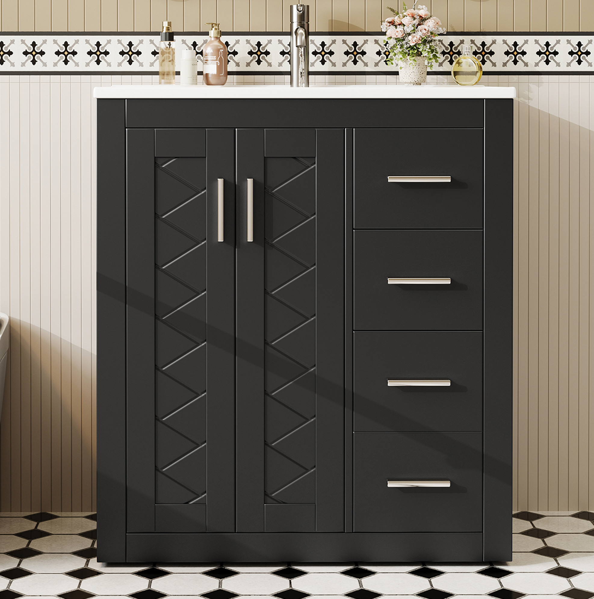 Badmöbel Mit Waschbecken 76 X 46,5 X 85,5 Cm, 3 Schubladen, Schwarz Havrya