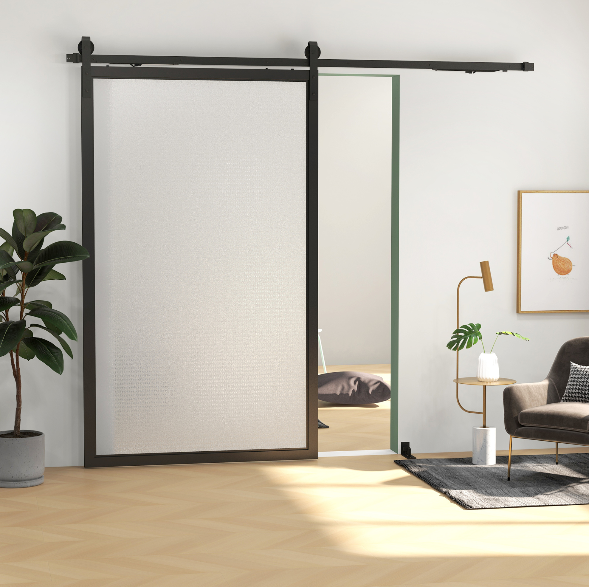 Schiebetürbeschlag-set 244 Cm, Schwarzer Stahl, 2 Schienen À 122 Cm, Havrya