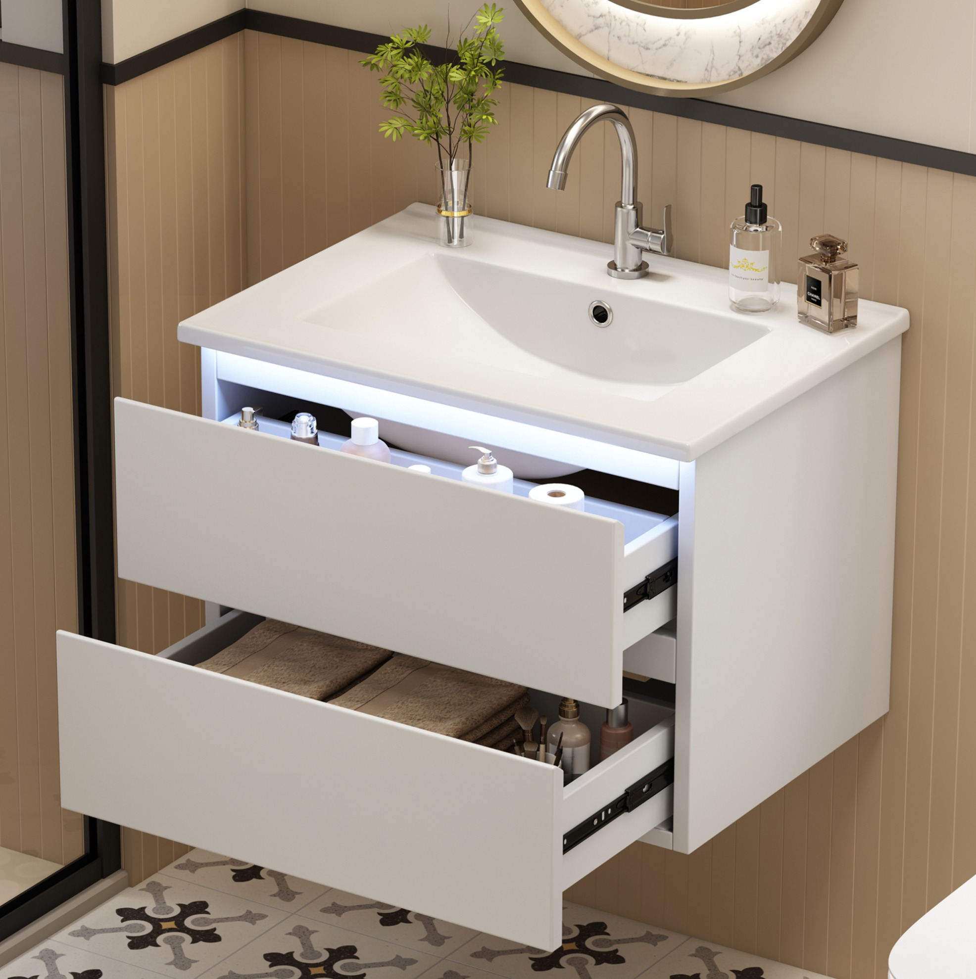 Hängender Waschtischunterschrank Mit Waschbecken 61 X 46 X 45 Cm, 2 Schubladen, Led