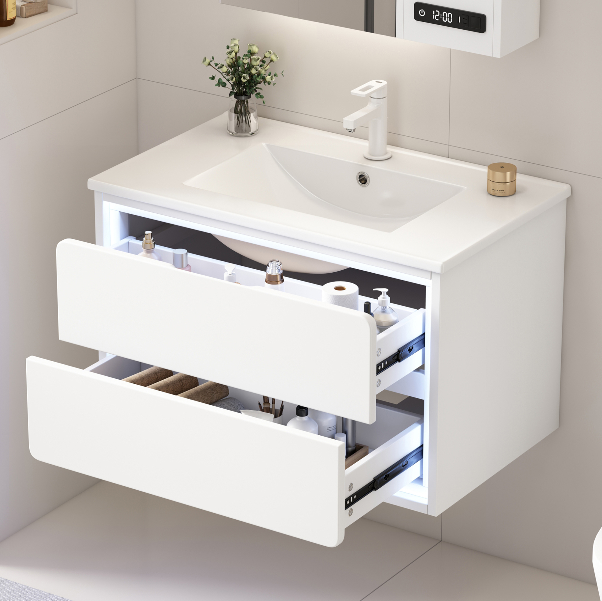 Hängender Badschrank Mit Waschbecken, 76 X 46 X 48,5 Cm, 2 Led-schubladen, Weiß Havrya
