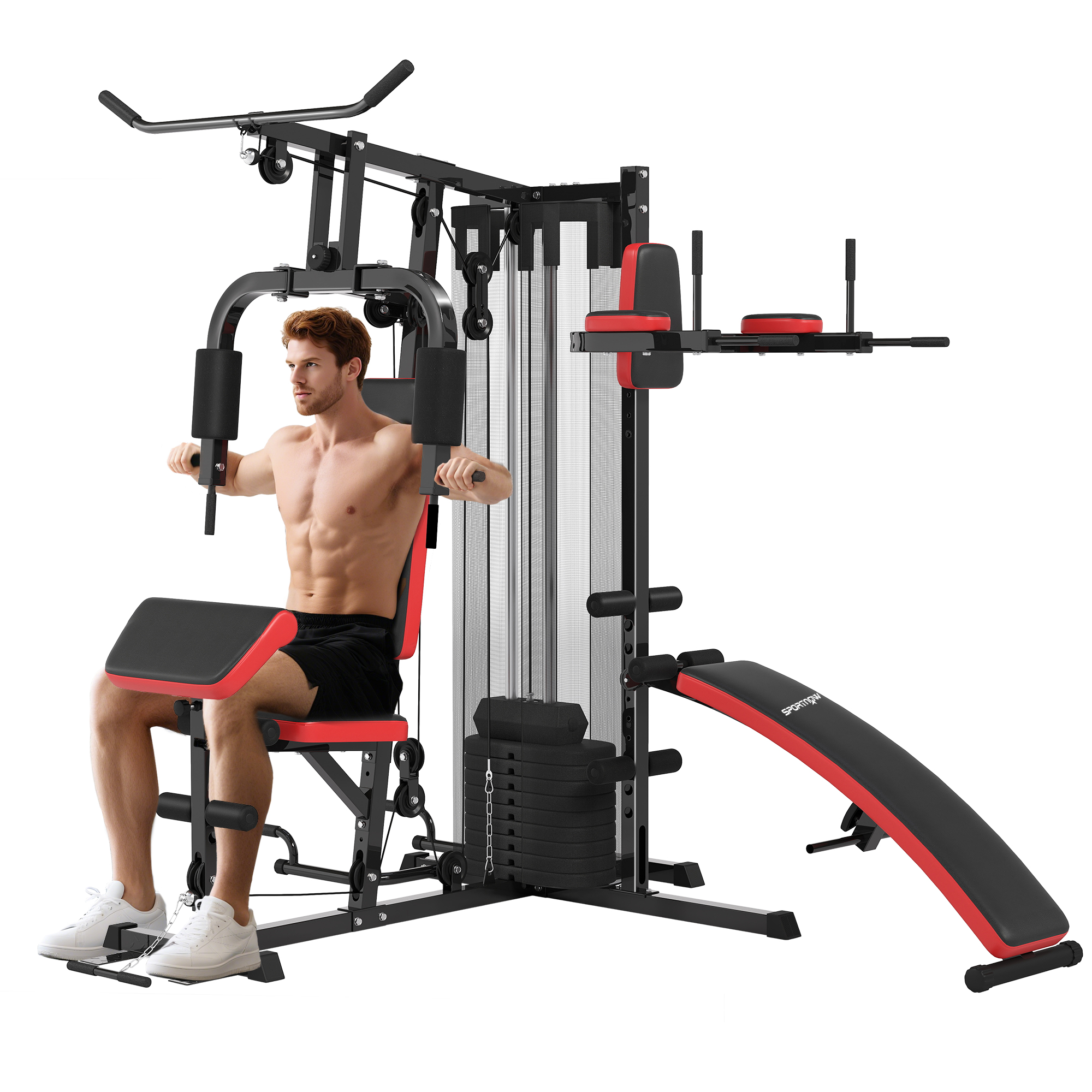 Multifunktions-krafttrainingsstation Mit 65-kg-gewichten, Krafttrainingsgerät Mit Bauchmuskelbank, Schwarz Und Rot