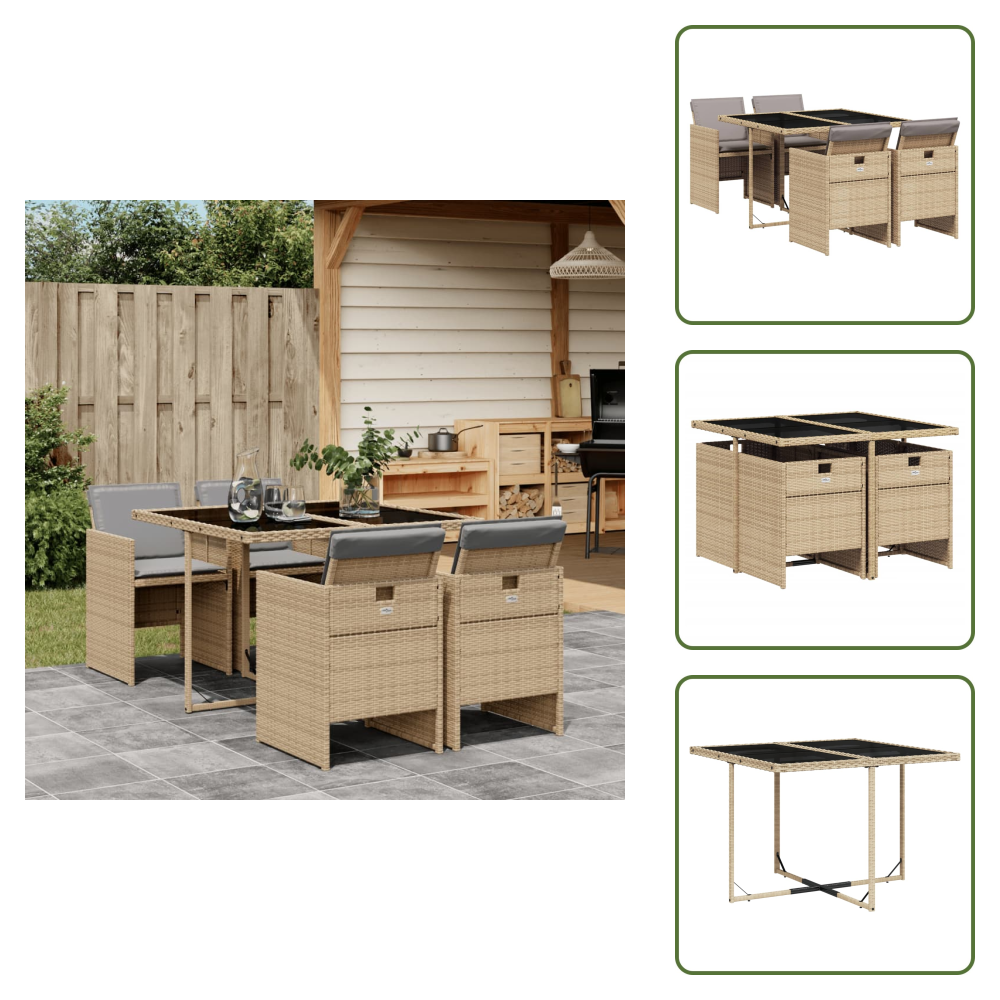 The Living Store 5-tlg. Garten-essgruppe Mit Kissen Beigemischung Poly Rattan - Gartentisch - Gartenstühle - Gartenmöbelset - Outdoor Möbel - Terrassenmöbel