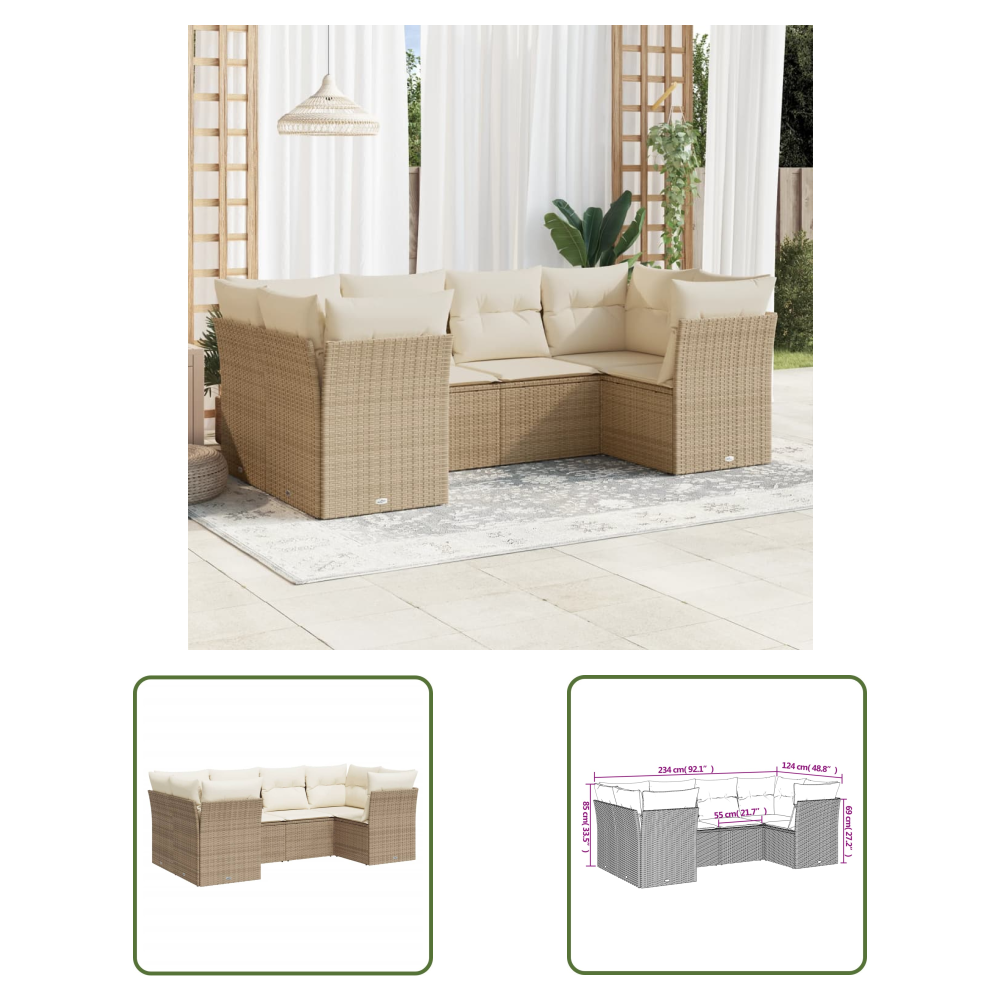 The Living Store 6-tlg. Garten-sofagarnitur Mit Kissen Beige Poly Rattan - Gartensortiment - Gartenmöbelset - Lounge Möbel - Rattan Sofa - Polyethylen Furniture