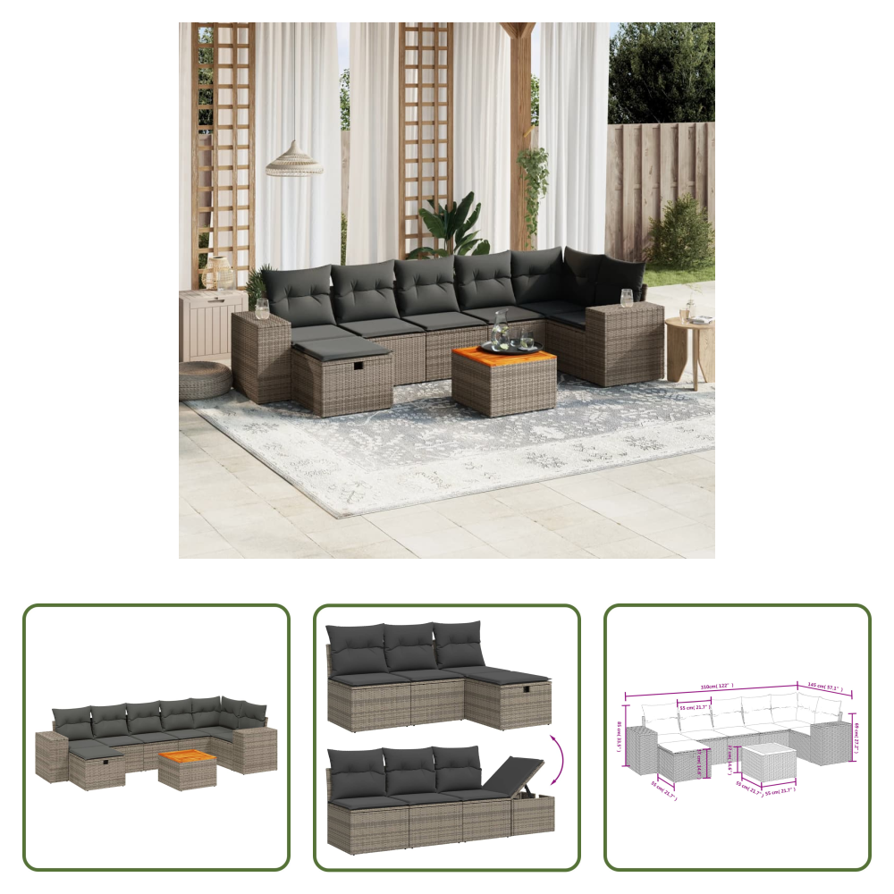 Vidaxl Gartensofa - 8-tlg. Garten-sofagarnitur Mit Kissen Grau Poly Rattan
