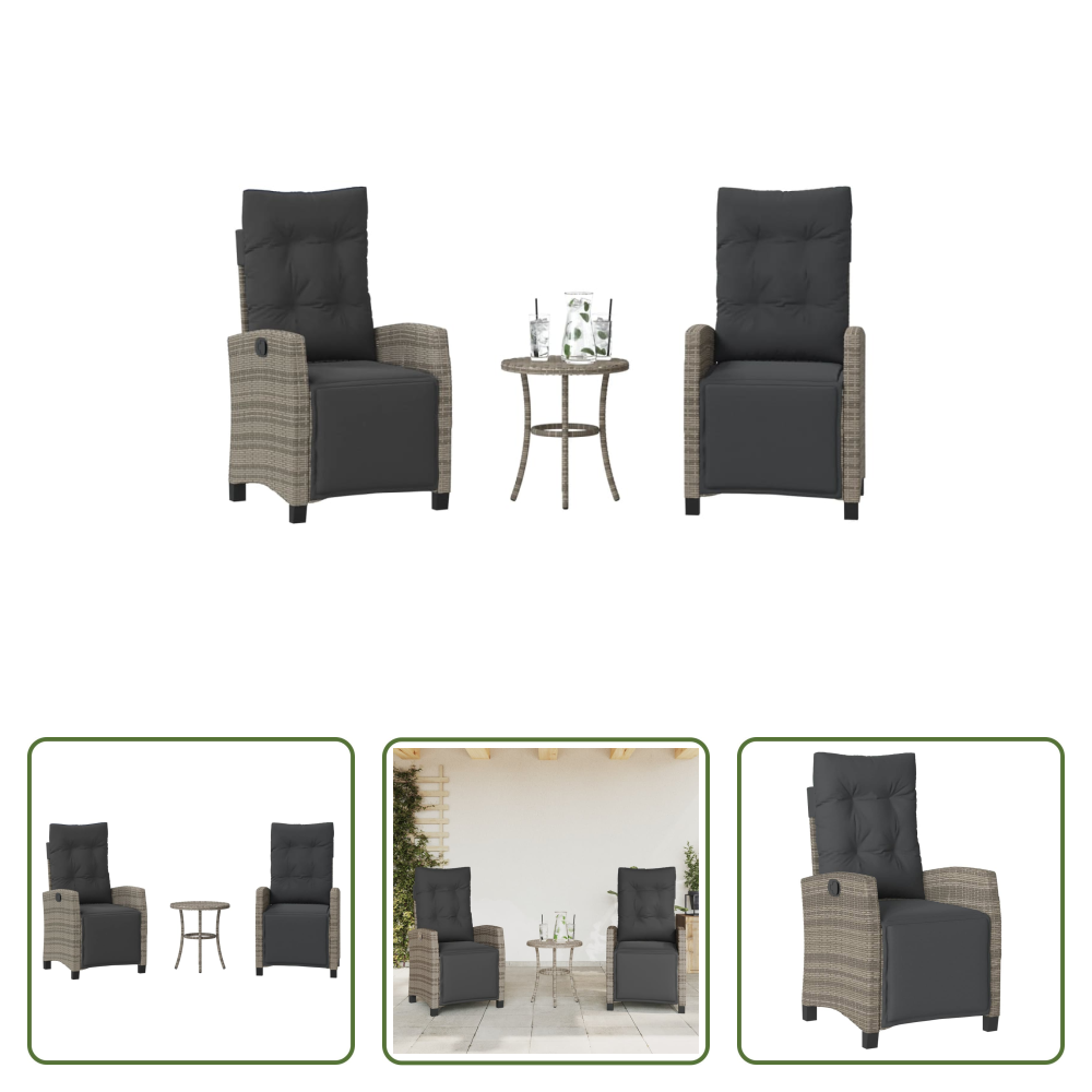 Vidaxl Relaxsessel - 3-tlg. Bistro-set Mit Kissen Grau Poly Rattan