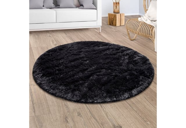 Paco Home - Hochflor Teppich Wohnzimmer Fellteppich Kunstfell Flauschig Rutschfest Schwarz Ø 200 Cm Rund
