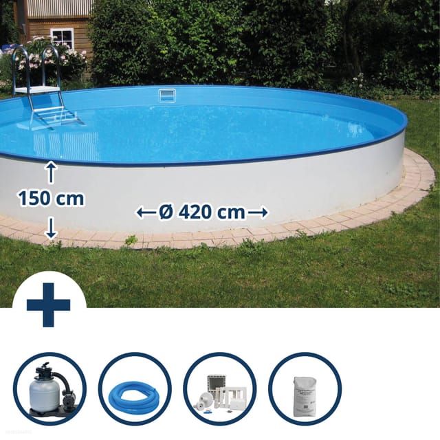 Stahlwandpool Set (6-teilig) Hoch Rund Baltimore 420 X 150 Cm, Stahl 0,8 Mm Weiß Folie 0,6 Mm Blau