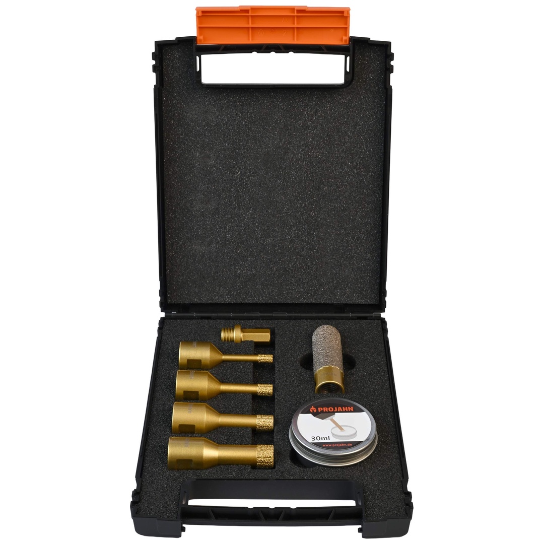 Projahn Diamantbohrer-set M14 -selbstkühlend- Ø 6-8-10-14 Mm Inkl. 6-kant Adapter, Diamantfräser Ø 20 Mm Und Nachfüllwachs