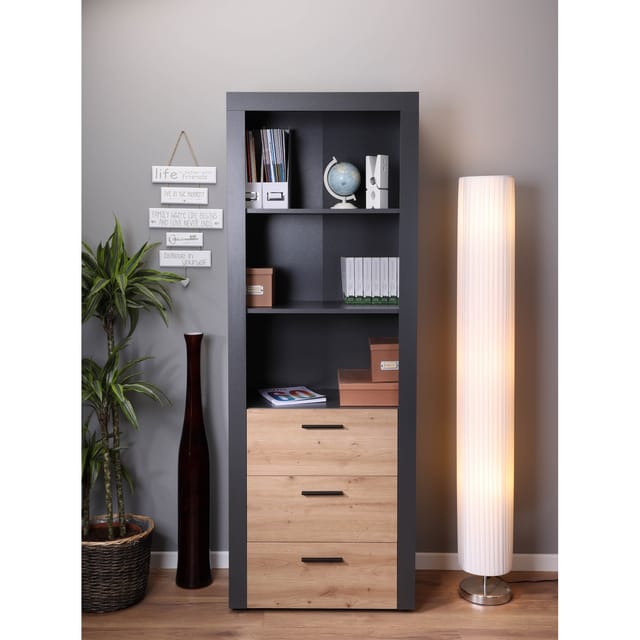 Les Tendances - Corbeto Regal 3 Schubladen, 3 Offene Fächer Anthrazit, Eiche Artisan Dekor.