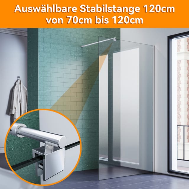 Walk In Dusche Duschwand 8mm Nanobeschichtung Esg Glas 110x200cm Mit Ausziehbar Stabilisator 70-120cm - Sonni