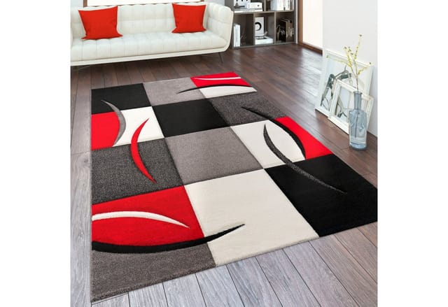 Designer Teppich Mit Konturenschnitt Karo Muster Rot Schwarz 80x300 Cm - Paco Home