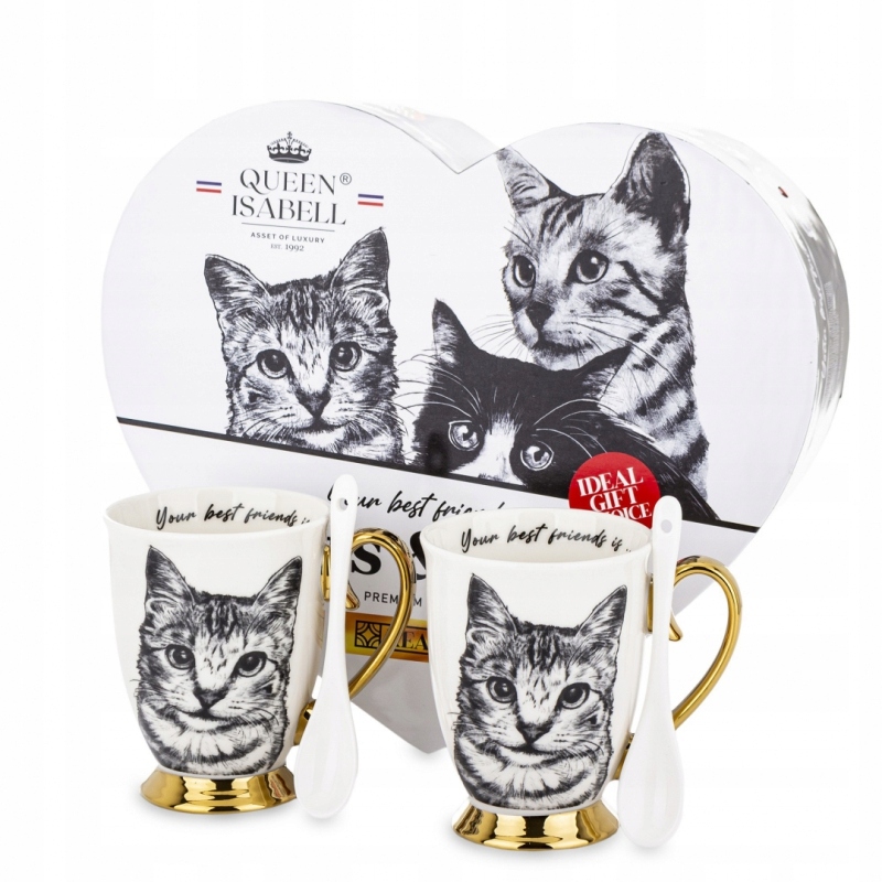 Set Aus Zwei Tassen Aus Porzellan Mit Herz- Und Katzenmotiv. Als Geschenk Geeignet.