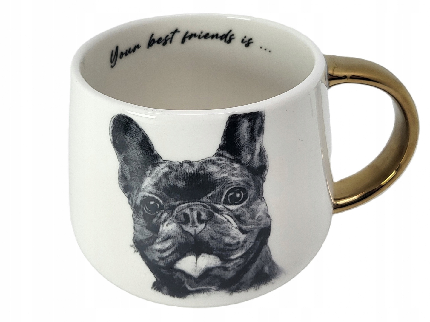 Exklusiver Großer Becher Mit Goldverzierungen Und Einem Motiv Einer Französischen Bulldogge