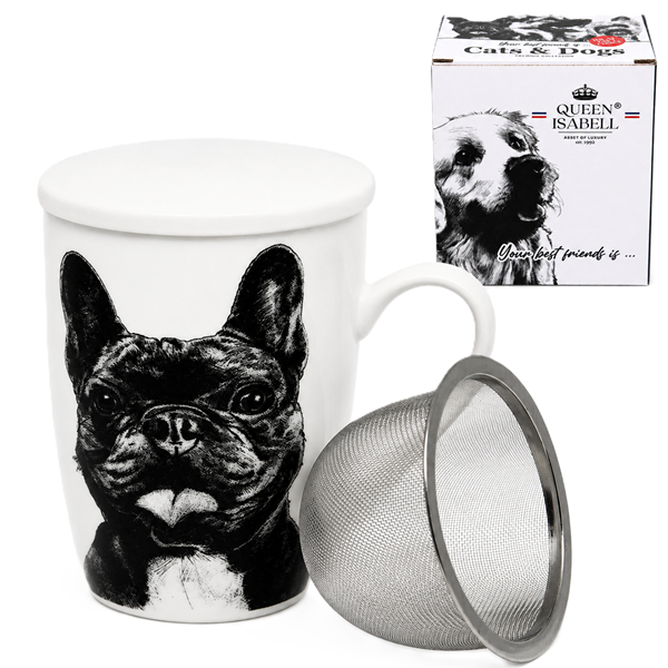 Französische Bulldogge Tasse Mit Teesieb, 350 Ml, Queen Isabell – Geschenk Für Hundeliebhaber