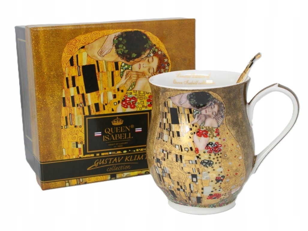 Großer Porzellanbecher Mit Löffel, 350 Ml, In Einer Schachtel, Klimt-kuss-kollektion