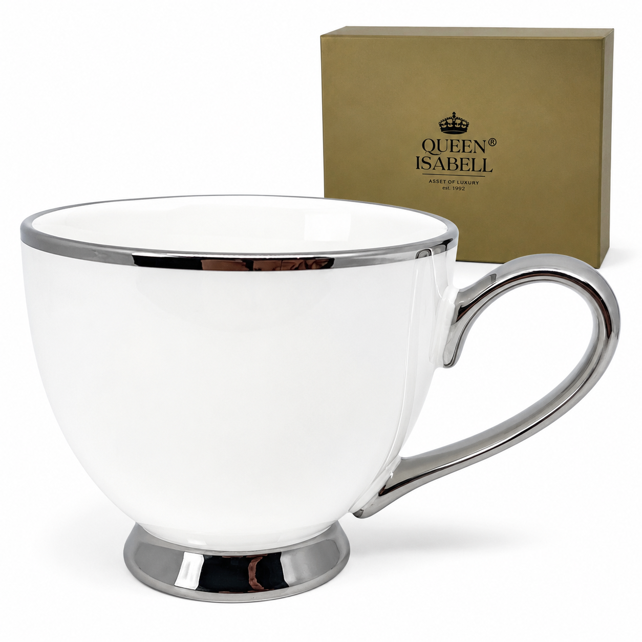 Großer Weißer Und Silberner Porzellanbecher 450 Ml, Geschenk Von Königin Isabella