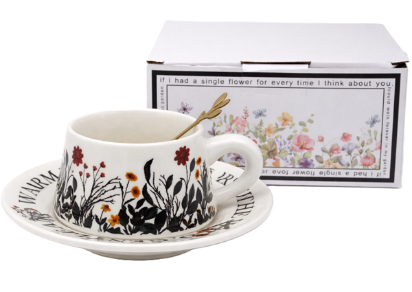 Jumbo-tasse (300 Ml) Mit Untertasse, Schwarze Blumenmuster + Goldener Löffel