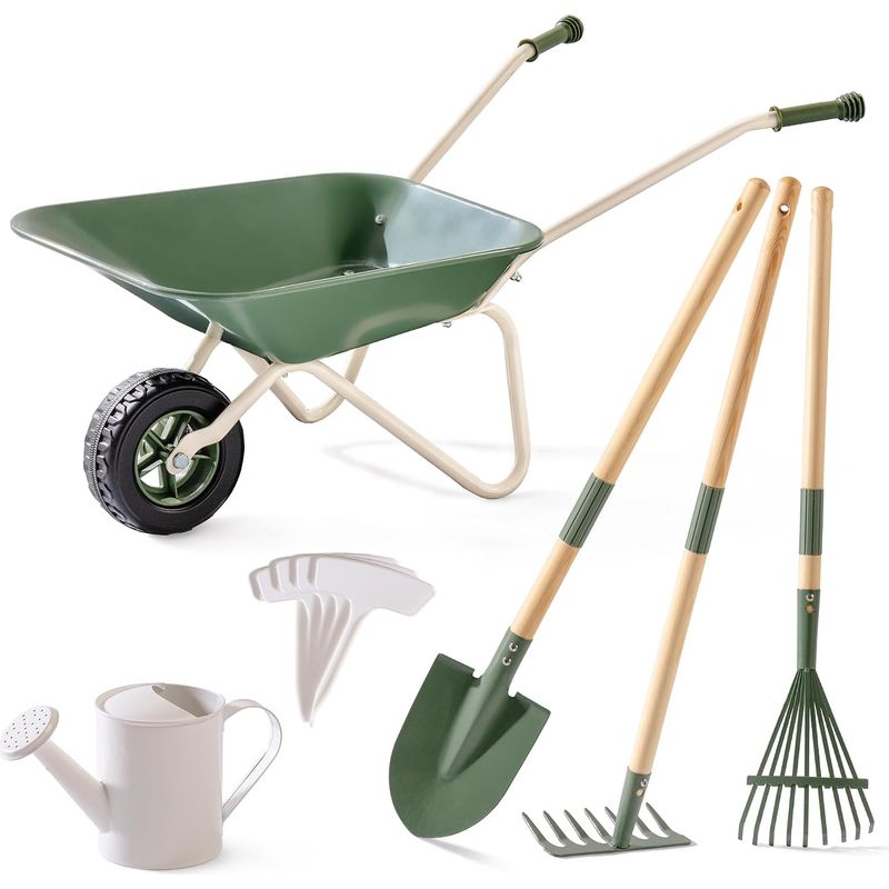Metallschubkarre Für Kinder Mit Gartengeräten, Schubkarre Mit Langer Schaufel, Axt, Rechen, Gießkanne, Pflanzenschildern, Gartengeräte Für Mädchen Und Jungen
