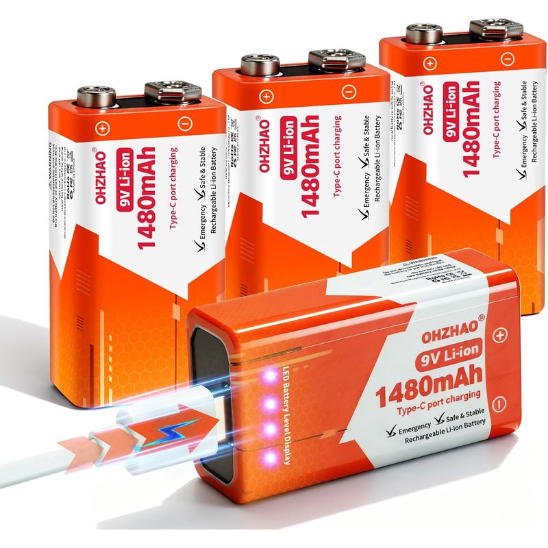 Wiederaufladbarer 9-v-akku, 1480 Mah 9-volt-lithium-ionen-blockakku, Schnellladung Über Usb-c, Ideal Für Rauchmelder, Feuermelder, Multimeter (4 Stück)