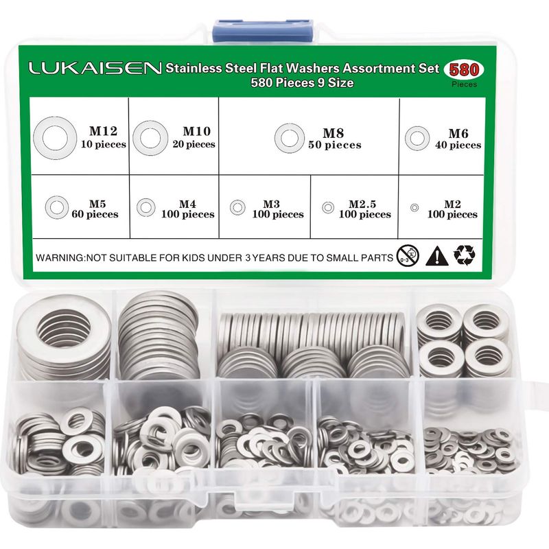 580-teiliges Set Aus Unterlegscheiben Aus Edelstahl 304, 9 Größen – M2, M2,5, M3, M4, M5, M6, M8, M10, M12. Geeignet Für Heimdekoration, Fabrikreparaturen Und Küchen.