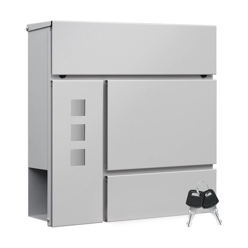 Außenbriefkasten Mit Zeitungsfach – Wandmodell Mit Sichtfenster – 2-schlüssel-sicherheit – 37 × 37 × 10,5 Cm, Grau