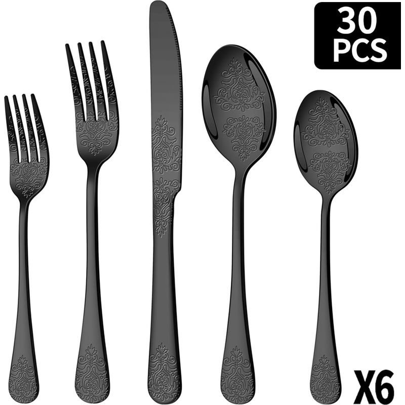 30-teiliges Schwarzes Besteckset Für 6 Personen – Klassisches, Geprägtes Blumenmuster, Lebensmittelechter Edelstahl, Gabeln, Messer Und Löffel, Spülmaschinenfest