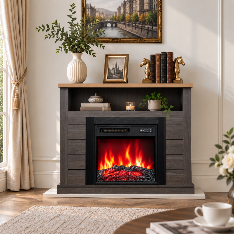 Homavo 18" Elektrokamin Grau Mit Kaminschrank, 900/1800w, 7-farbige 3d-flamme, Fernbedienung, 1–8 Std. Timer, Ablagefläche