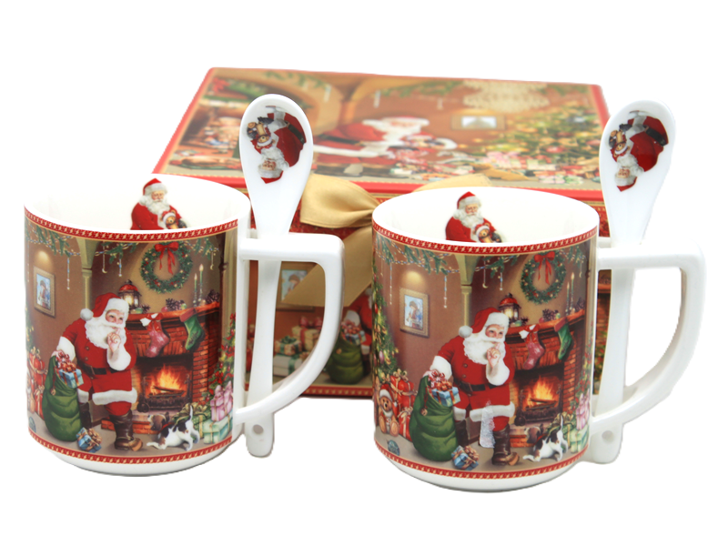 Porzellantassen Mit Löffel, 2er-set, Weihnachtsmann In Einer Dekorativen Schachtel