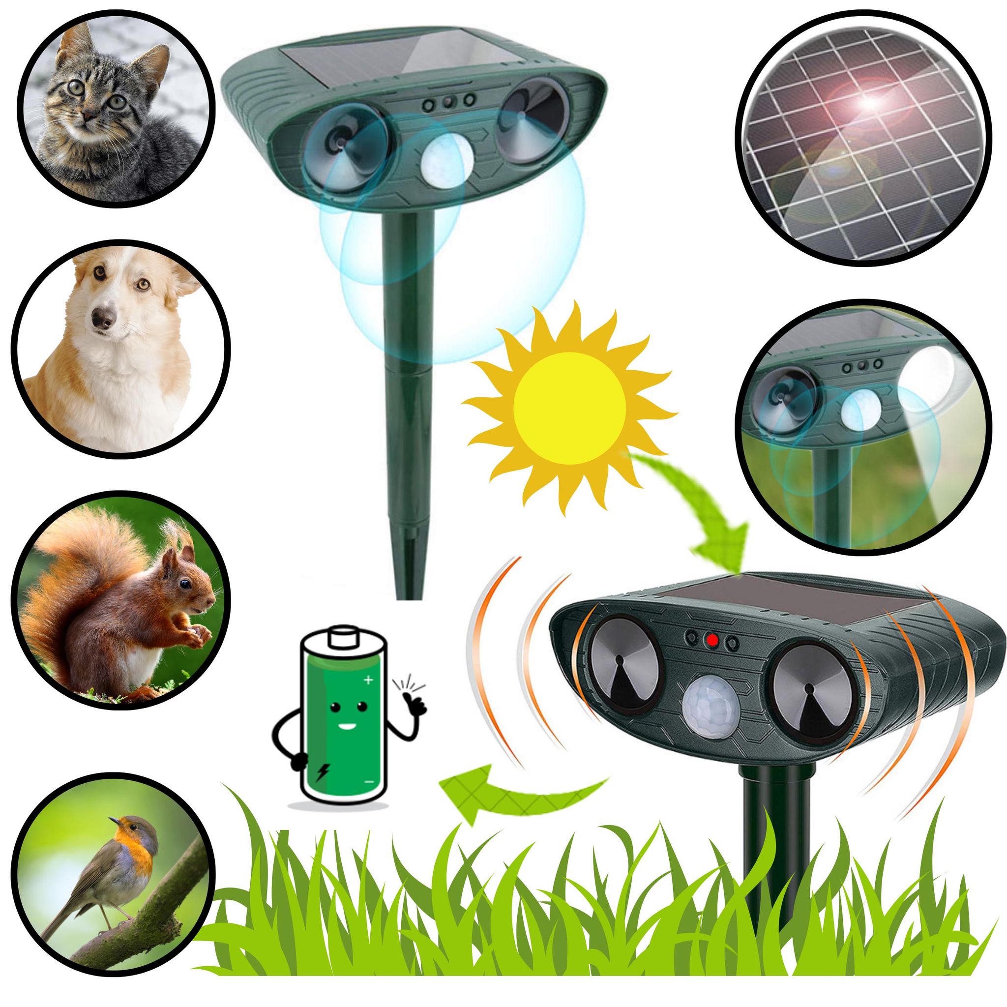 Solarbetriebener Ultraschall-tiervertreiber, Wirksam Gegen Hunde, Katzen Und Nagetiere.