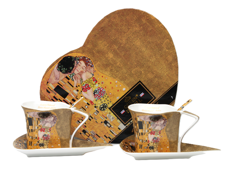 Klimt „der Kuss“ Porzellantassen, 2er-set, Mit Untertassen
