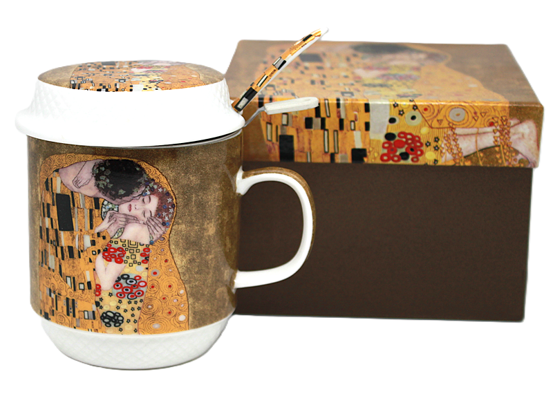 Gustav Klimt „der Kuss“ Porzellanbecher Mit Teesieb, Deckel Und Löffel