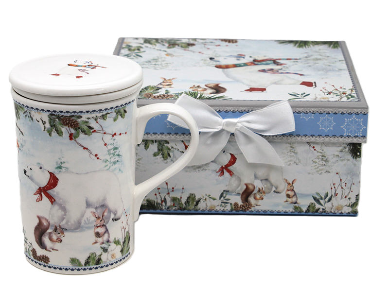 Weihnachtlicher Porzellanbecher Mit Eisbärmotiv Und Teesieb, 320 Ml + Geschenkbox