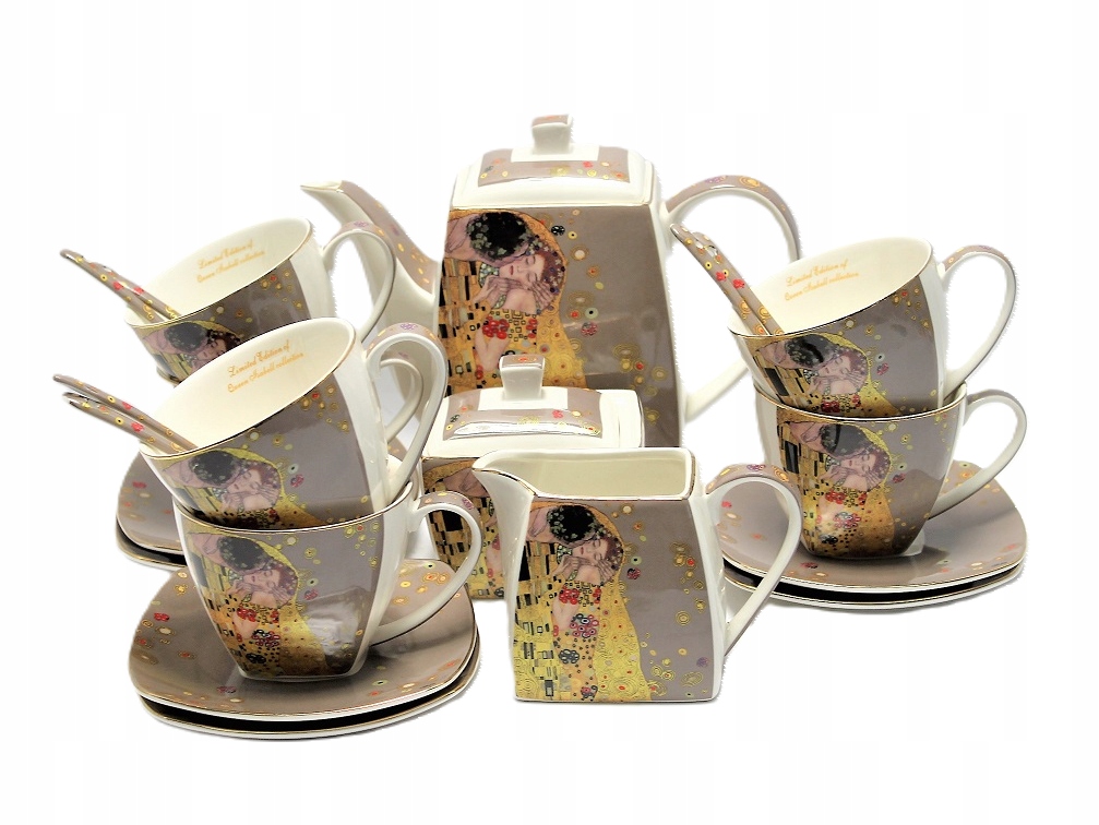 Elegantes Großes Kaffeeservice Für 6 Personen, Inspiriert Von Gustav Klimts Kuss