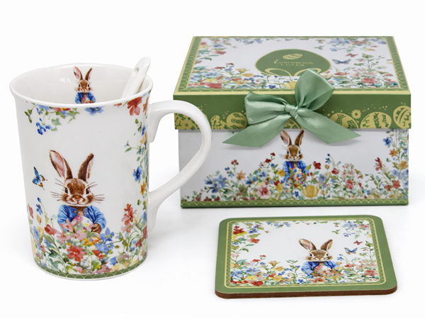 Osterhasen-porzellanbecher Mit Löffel, Untersetzer Und Geschenkbox