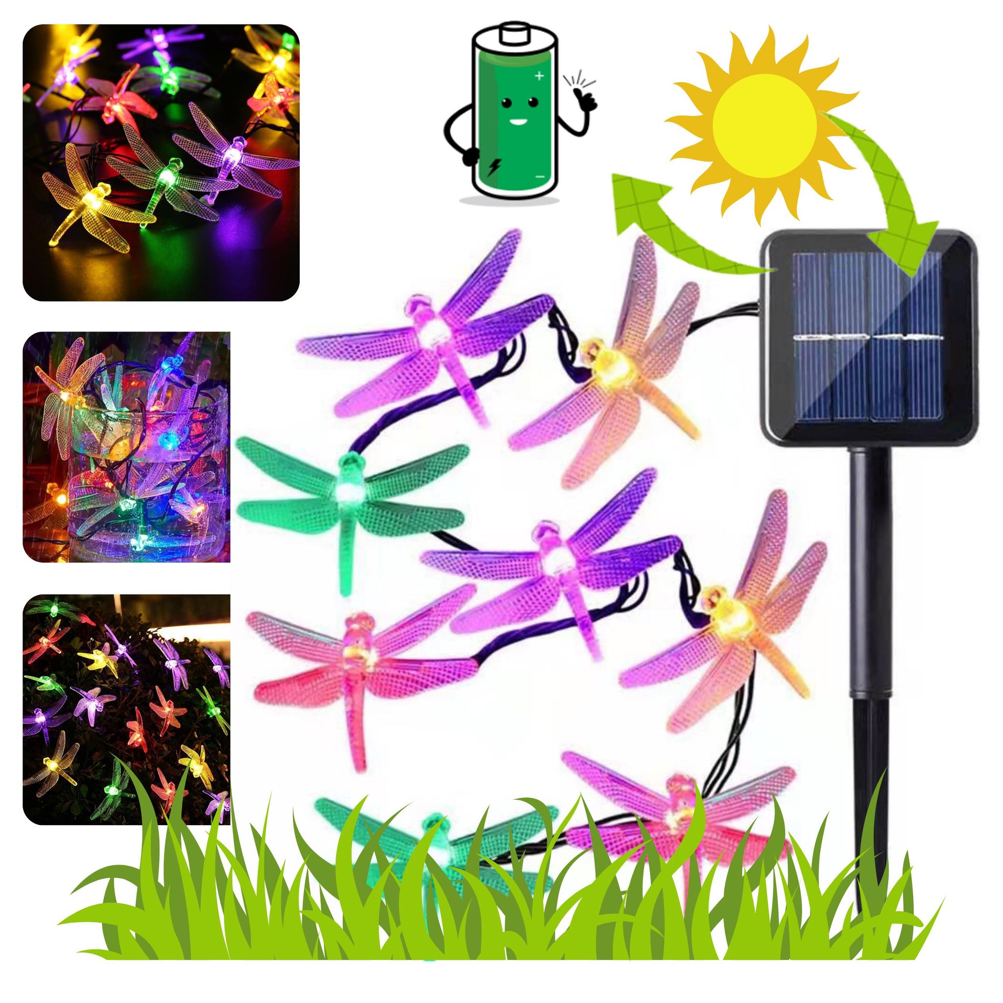 Solarbetriebene Gartenlichterkette Mit Libellenmotiv, Mehrfarbig, 6,5 M, 30 Leds