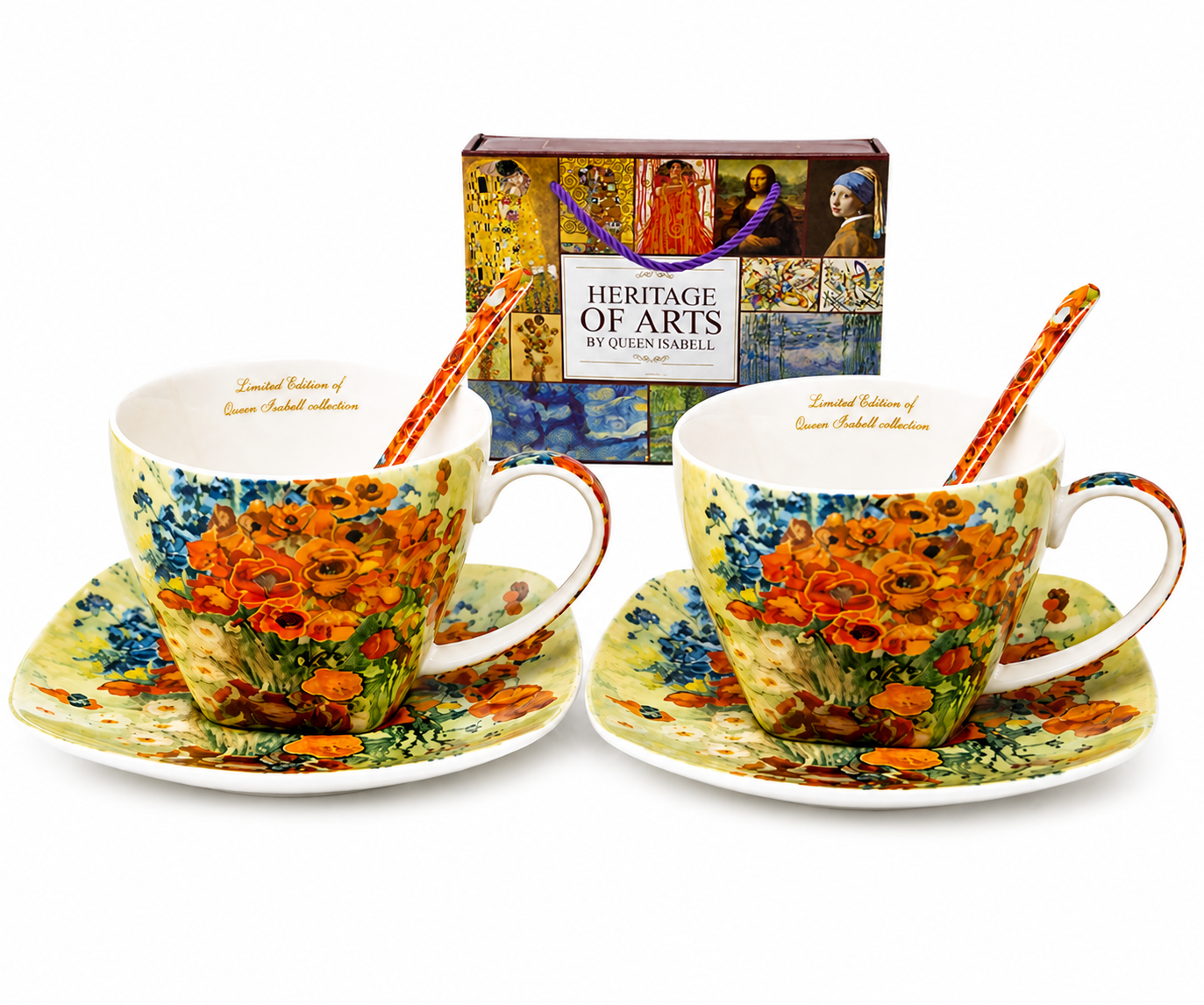 Set Aus 2 Tassen Der Kunstkollektion „mohnblumen“ Mit Untertassen Und Löffeln