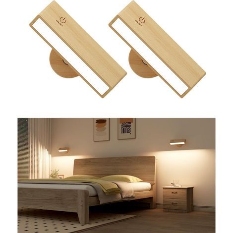 Bleosan – Set Aus 2 Innen-wandleuchten Aus Massivem Holz – Kabellose, Wiederaufladbare Usb-lampe – Helligkeit Einstellbar 160 Lm – Installation Ohne Bohren