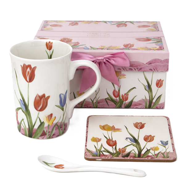 Porzellan-tulpenbecher, 320 Ml, Mit Löffel Und Untersetzer, Perfekt Als Geschenk
