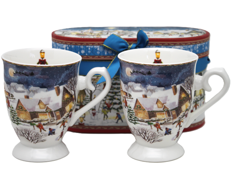 Porzellantassen, 330 Ml, 2er-set, Motiv: Winterdorf, In Einer Geschenkbox