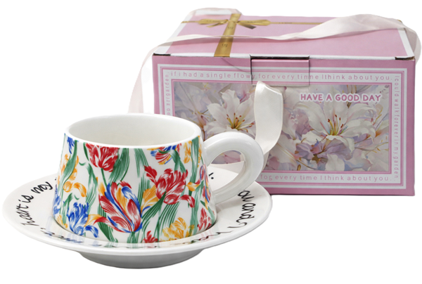 300 Ml Porzellantasse Mit Untertasse, Tulpenmotiv + Geschenkbox