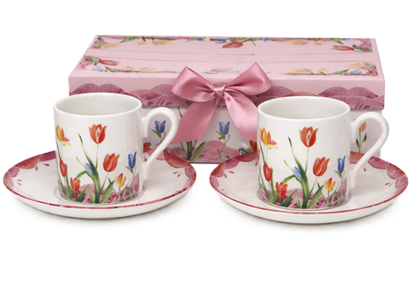 Set Aus Zwei Espressotassen Mit Untertassen, 100 Ml, Tulpenmotiv, Als Geschenk