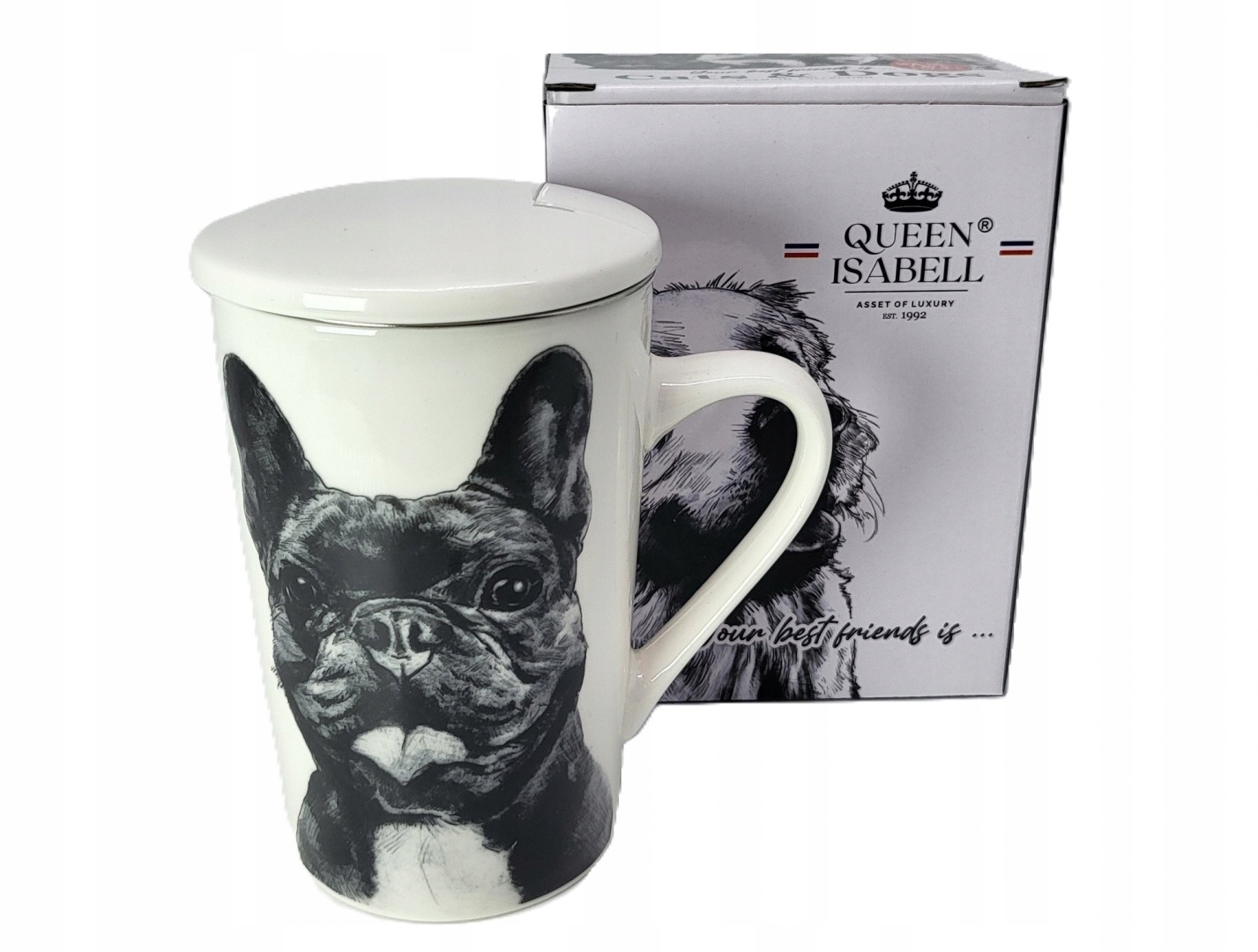 Großer Becher Mit Teesieb Und Französischem Bulldoggenmotiv – Als Geschenk